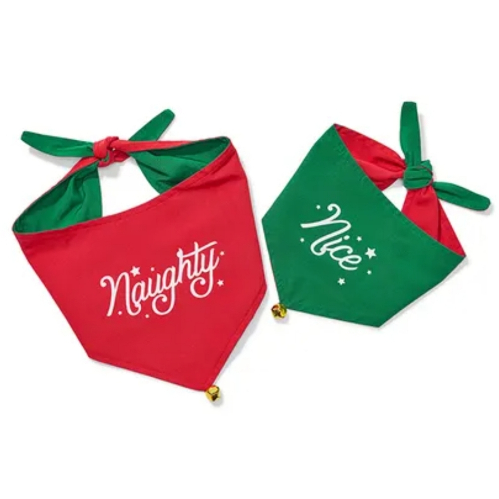 Christmas Dog "Naughty" or "Nice" Reversible neck Bandana with Bell, Size S